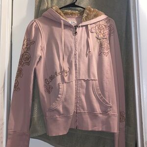 2000s brown fur hoodie zip up light pink sweater